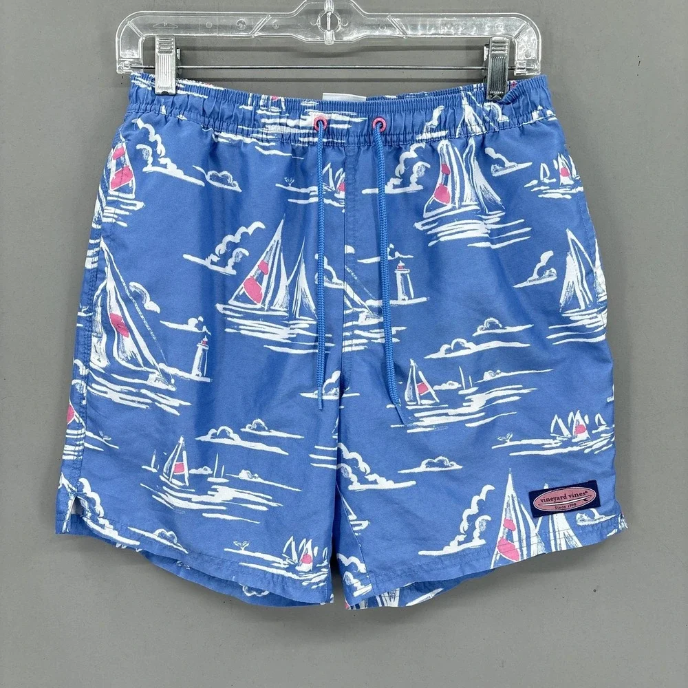 Vineyard Vines Swim Shorts Men XS Blue Sailboat Nautical Print Mesh Lined Trunks